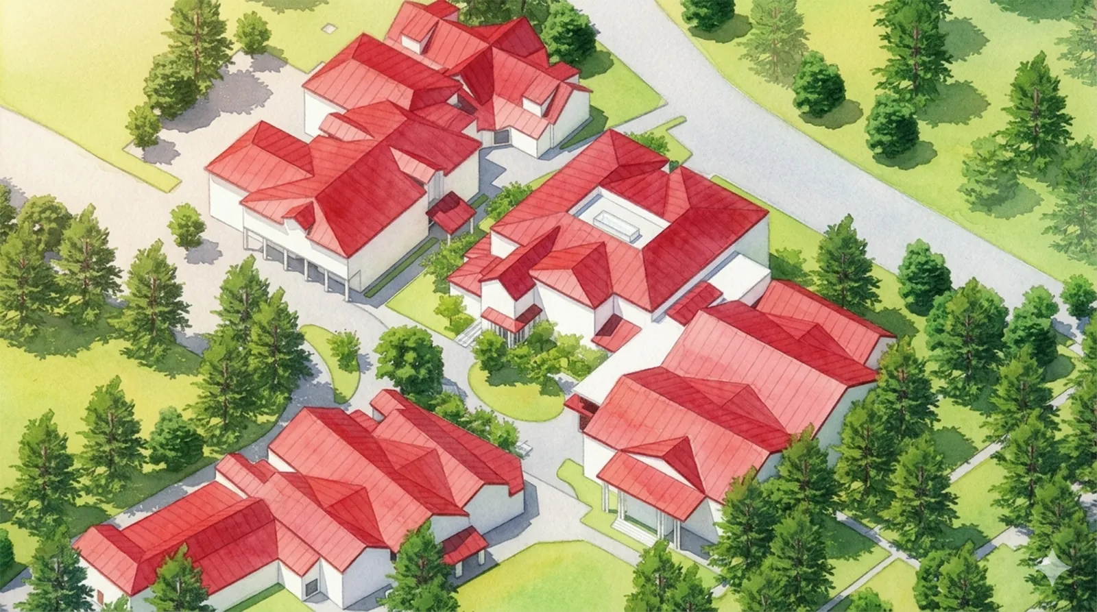 An aerial concept rendering of the reimagined St. Paul’s campus: clustered buildings under red roofs set among trees, linked by walks and courtyards.